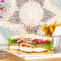 Chicken Cordon Bleu Sandwich · Ham, swiss cheese, lettuce, tomato and fried onions. Served with choice of salad, soup or fr...