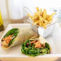Grilled Salmon Wrap · Mixed greens, arugula, red onions, red cabbage, cucumber, with mango vinaigrette.