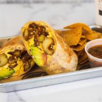 Breakfast Burrito · Eggs, Sausage or Bacon, Pepper jack Cheese, Stand Potatoes, Avocado. Chips & Salsa on the Side