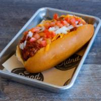 Stand Chili Dog · 1/4lb Stand beef dog topped with chili, cheddar cheese, diced onion and tomato