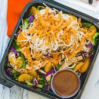 Chinese Chicken Chop Salad · Romaine, iceberg, cilantro, carrots, scallions, and red cabbage mix. Seasoned diced chicken ...