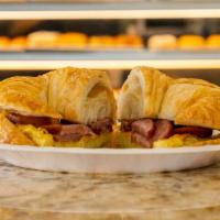 Sausage, Egg & Cheese Croissant · Sausage egg and cheese a flaky french pastry.