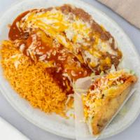 Enchiladas · Beef or cheese and one beef taco.
