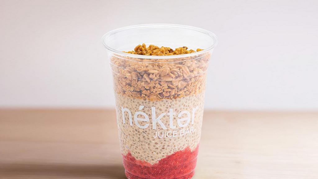 Pb&J Chia Parfait Made To Order · A new spin on your favorite flavor combination with housemade peanut butter chia pudding, peanut butter granola, housemade strawberry chia jam, and agave nectar!