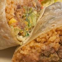 Super Burrito · Served with meat, rice, beans, lettuce, pico de gallo, cheese, sour cream, guacamole, and sa...