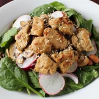 Spinach Salad · Spinach, soy chicken, onion, almonds, mushroom, radishes, sesame seeds mixed with sesame dre...
