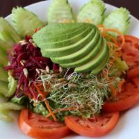 Chief Salad · Romaine hearts, celery, beets, alfalfa sprouts, carrots, cucumber, tomatoes, avocado, and su...