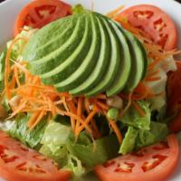 Protein Salad · Romaine hearts, carrots, avocado, tomatoes, soy beans and garbanzo beans.