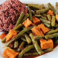 Spicy Green Beans · Green beans, tofu, lime leaves, and spice seasonings.