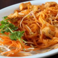 Pad Thai · Pan fried thin noodles with tofu topped with fresh cilantro, carrots, bean sprouts and groun...