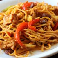Kung Pao Noodle · Pan fried noodles wheat, bell pepper, onion, almonds, mushroom, tofu and chili.