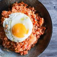 Kimchi Fried Rice · fried rice with kimchi, spam, green onion & sunny side up egg. Served with soup