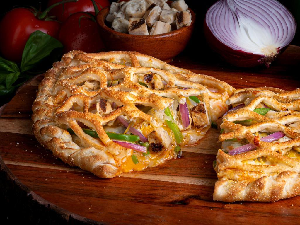 Monterey · Signature crust, garlic white sauce, Frank's red hot buffalo sauce, mozzarella, Cheddar, garlic Parmesan seasoning, all-natural grilled chicken, red onions, and green bell peppers.