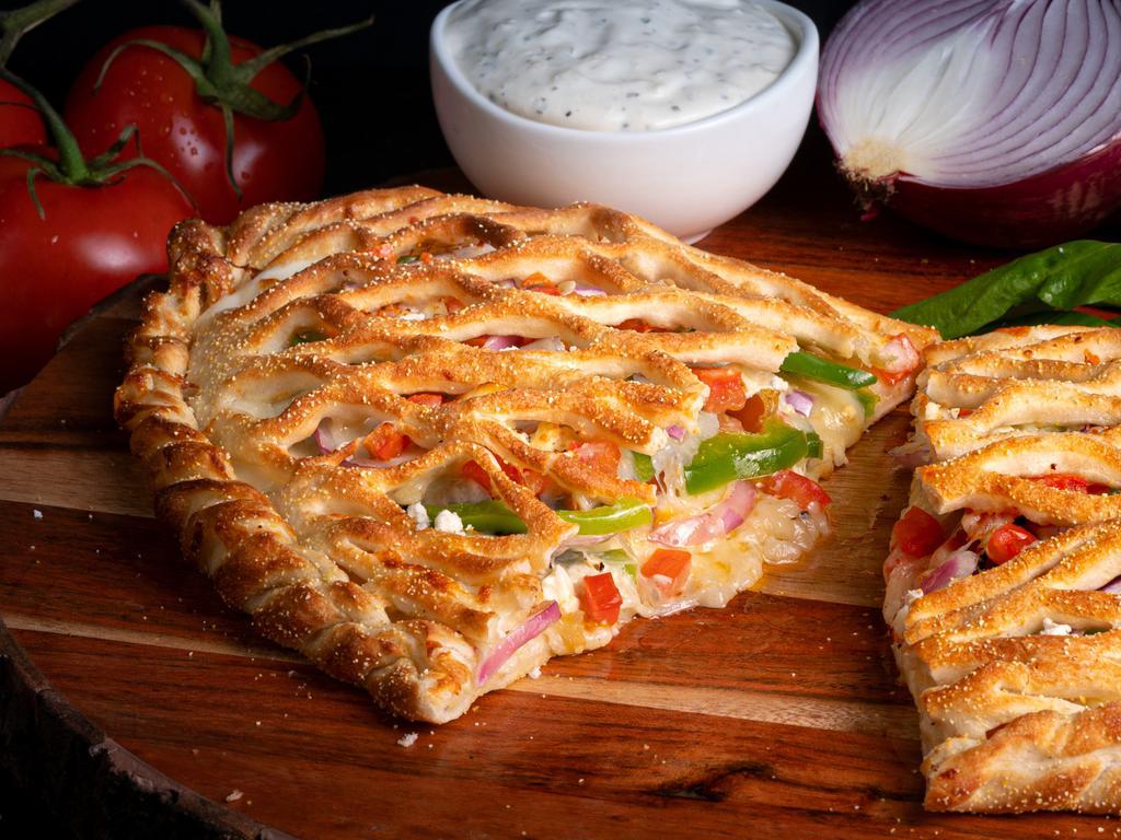 Mendocino · Signature crust, garlic white sauce, mozzarella, feta cheese, green bell peppers, red onions, fresh diced Roma tomatoes and fresh garlic.