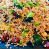 Spicy Fried Rice With Sausage · Chinese sausage, Thai basil, Chinese broccoli, fresh chili and egg.