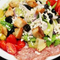 Antipasto, Small · Romaine, salami, provolone, black olives, pepperoncini, red onion, tomatoes, cucumbers and h...