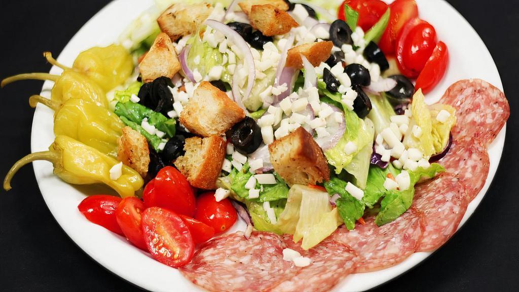 Antipasto, Small · Romaine, salami, provolone, black olives, pepperoncini, red onion, tomatoes, cucumbers and homemade croutons.