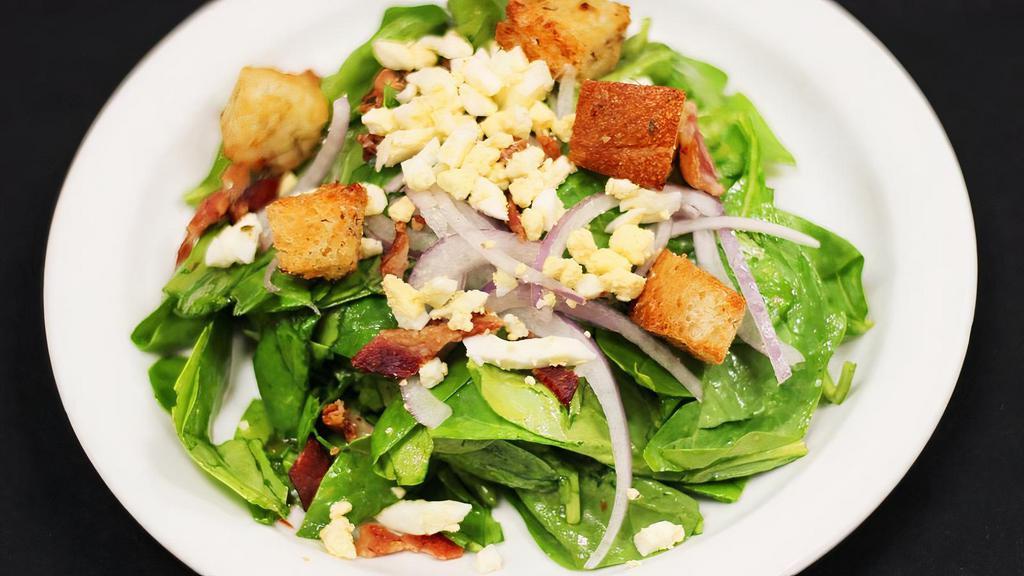 Spinach, Medium · Fresh spinach, crumbled bacon, crumbled egg, red onion,  homemade spinach dressing and homemade croutons.