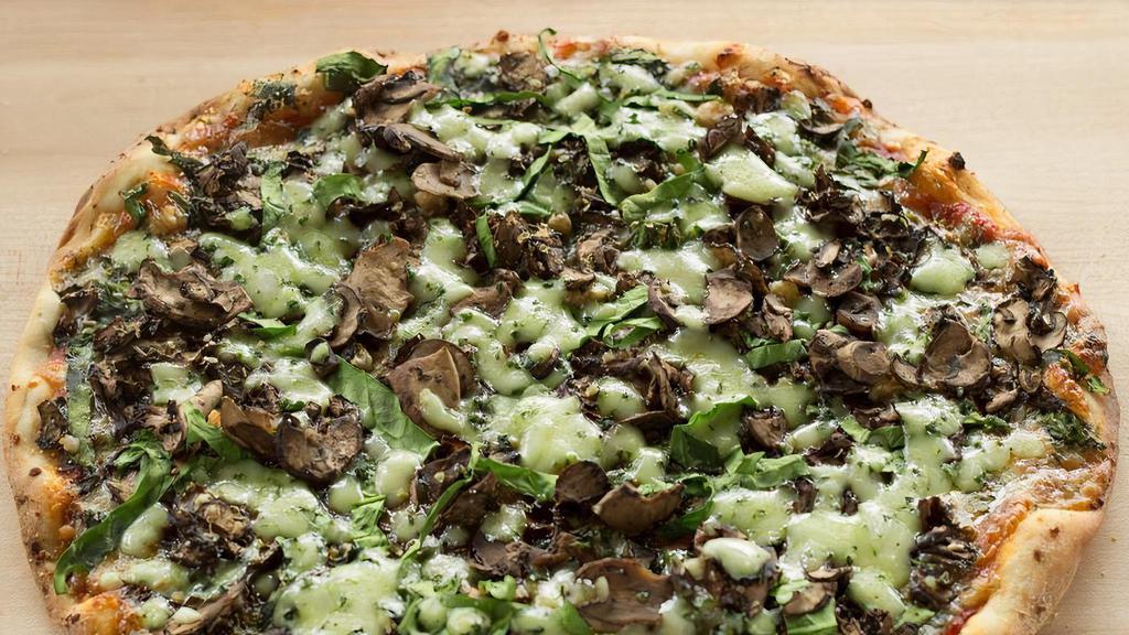 Spin & Shroom, Small, Thin · Spinachy, cheesy, garlicky blend with roasted crimini mushrooms. Think lasagna with a pizza crust!