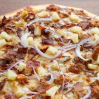 Second City Bbq, Large, Deep · BBQ chicken, bechamel and house made BBQ sauce, bacon, pineapple, Canadian bacon, red onion