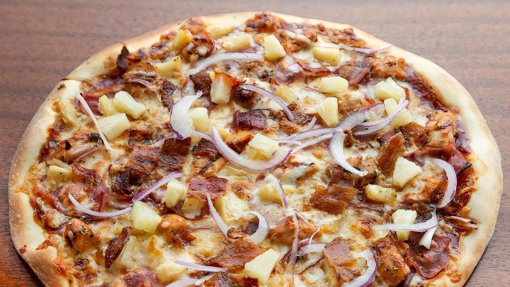 Second City Bbq, Large, Deep · BBQ chicken, bechamel and house made BBQ sauce, bacon, pineapple, Canadian bacon, red onion