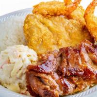 Seafood & Bbq Combo · Breaded shrimps and fried fish fillet. Served with two scoops of rice and one scoop of macar...