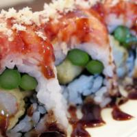 Go-Go Roll · Shrimp tempura, cucumber, spicy mayo topped with spicy tuna, tempura flakes and eel sauce.