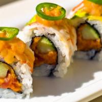 Silverio Roll · Spicy, gluten-free. Spicy tuna, cucumber topped with shrimp, avocado, spicy scallop (with ma...