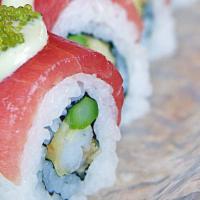 W.R (Tuna Wasabi Roll) · Shrimp tempura, cucumber, spicy mayo, topped with tuna, wasabi mayo and wasabi masago.