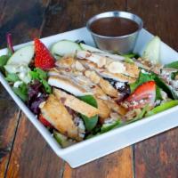Endless Summer Salad · Grilled chicken breast, strawberries, apples, toasted almonds and feta over mixed greens wit...
