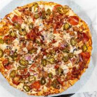 Armenian Combo · White sauce, mozzarella Cheese, crushed red pepper, pepperoni, mushrooms, red onions, bacon,...