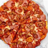All - Meat · Linguica, Italian sausage, pepperoni and salami with our homemade pizza sauce.