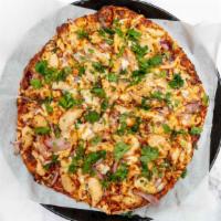 Bbq Chicken · Seasoned grilled sliced chicken breast, smoked gouda and mozzarella Cheese, red onions and c...