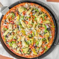 Classic Vegetarian · Red onions, fresh tomatoes, bell peppers, fresh mushrooms, black olives with our homemade pi...