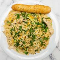 Grilled Chicken & Broccoli Alfredo · Seasoned grilled diced chicken breast and fresh broccoli sauteed in a creamy alfredo sauce a...