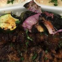 Steakkabob Plate · Gluten free. Two skewers of Filet mignon with grilled veggies.