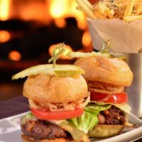50/1/50 Sliders · Two sliders with American Kobe beef, bacon and habanero peppers with crispy onion strings, h...