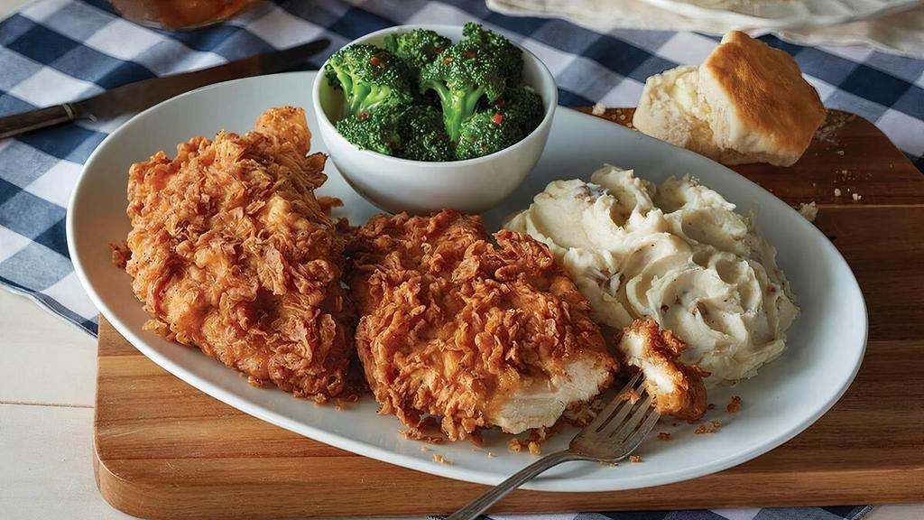 Sunday Homestyle Chicken® · Two boneless chicken breast, hand-dipped in our special buttermilk batter, breaded and deep fried to a crispy golden brown. Plus choice of two Country Sides. Served with hand-rolled Buttermilk Biscuits (160 cal each) or Corn Muffins (210 cal each)..