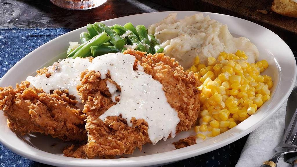 Chicken Fried Chicken · A generous portion of our Sunday Homestyle Chicken® topped with Sawmill Gravy. Served with your choice of 2 or 3 Country Sides and hand-rolled Buttermilk Biscuits (160 cal each) or Corn Muffins (210 cal each)..
