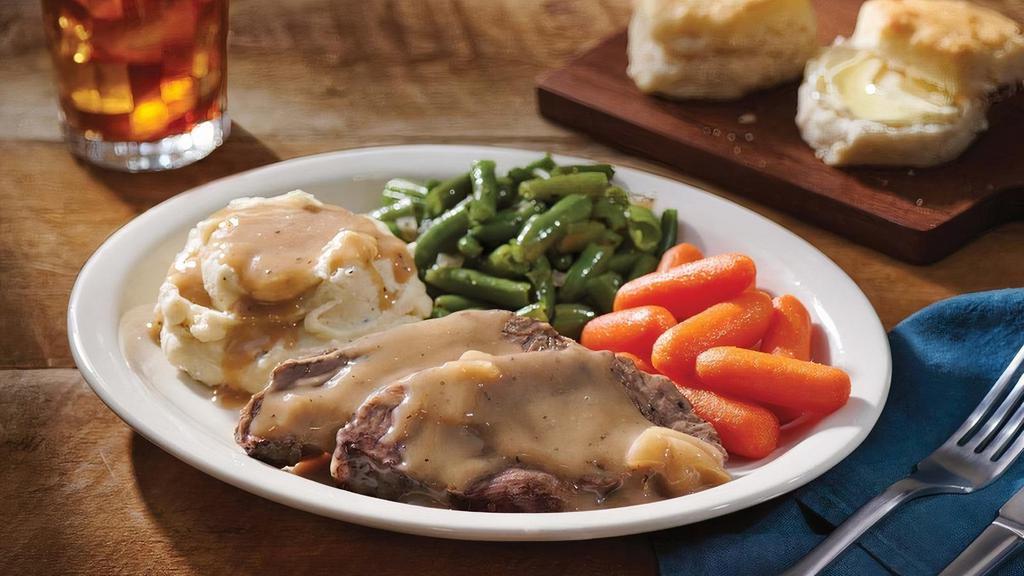 Roast Beef · Thick-cut USDA Choice chuch roast, slow roasted up to 14 hours until fork tender. Served with your choice of 2 or 3 Country Sides and hand-rolled Buttermilk Biscuits (160 cal each) or Corn Muffins (210 cal each)..
