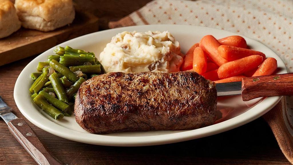 Grilled Sirloin Steak* · USDA Choice steak seasoned with garlic butter and grilled to order plus choice of three Country Sides. Served with hand-rolled Buttermilk Biscuits (160 cal each) or Corn Muffins (210 cal each)..