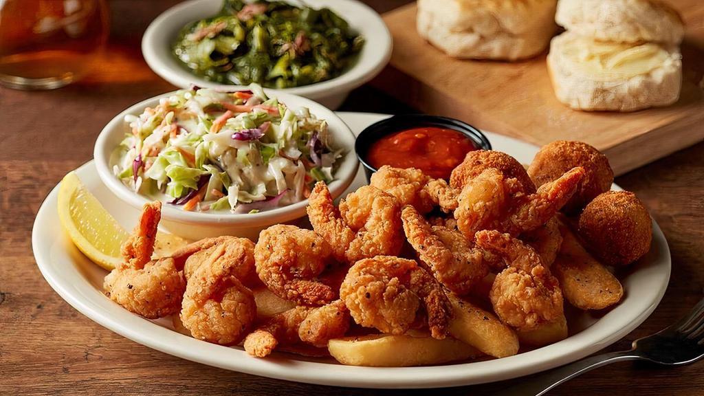 Country Fried Shrimp · Our buttermilk breaded fried shrimp served with hushpuppies plus choice of two Country Sides. Served with hand-rolled Buttermilk Biscuits (160 cal each) or Corn Muffins (210 cal each)..