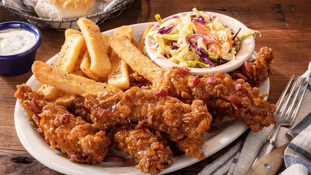 Sweet N' Smoky Glazed Tenders · Crispy fried and tossed with our maple bacon glaze. Served with Buttermilk Ranch for dipping (190 cal) plus choice of two Country Sides and Buttermilk Biscuits or Corn Muffins.