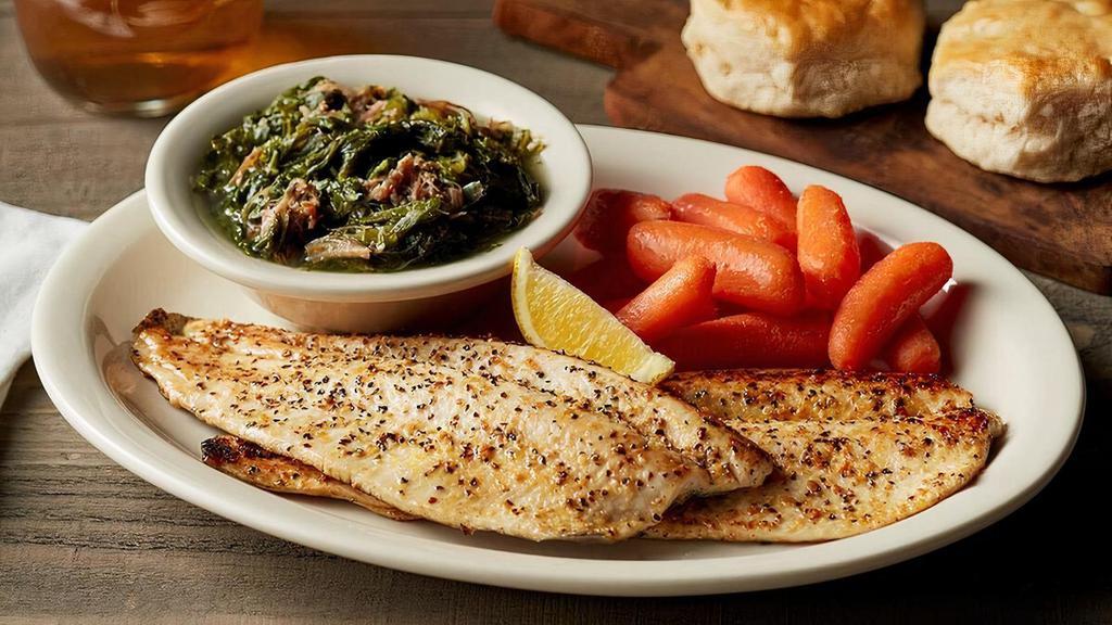 Lemon Pepper Grilled Rainbow Trout · Two lightly seasoned boneless spring water trout fillets grilled until fork tender plus choice of two Country Sides. Served with hand-rolled Buttermilk Biscuits (160 cal each) or Corn Muffins (210 cal each)..