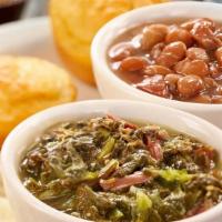 Beans N' Greens · A cup of our Pinto Beans and Turnip Greens cooked with Country Ham. Served with an onion sli...