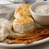 Biscuits N' Gravy With Bacon Or Sausage · Three hand-rolled Buttermilk Biscuits with our special Sawmill Gravy. Plus Thick-Sliced Baco...