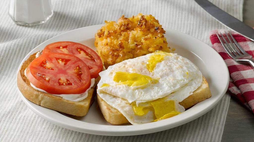 Egg Sandwich · Two farm fresh eggs* served on seared Sourdough bread with tomato and Duke’s® Mayonnaise. Plus your choice of Fried Apples or Hashbrown Casserole (170/190 cal). .