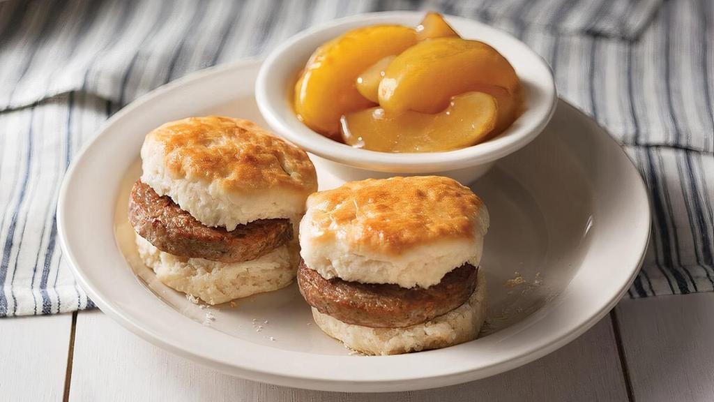 Meat Biscuits N' Hashbrown Casserole Or Fried Apples · Two hand-rolled Buttermilk Biscuits. Choice of ham, Sausage Patty or Thick-Sliced Bacon (210-280 cal each). Served with Fried Apples or Hashbrown Casserole (170/190 cal)..