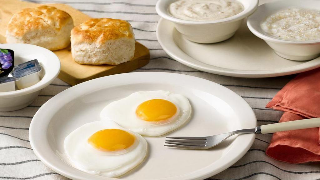 Country Morning Breakfast · Two farm fresh eggs* plus grits. Comes with Buttermilk Biscuits (160 cal each) and Sawmill Gravy (160 cal)..