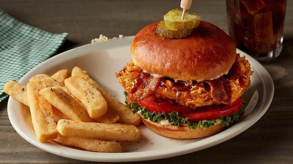 Homestyle Chicken Blt · Crispy, golden-fried Sunday Homestyle Chicken® (1180 cal) or grilled chicken breast (800 cal) drizzled with our maple glaze, topped with bacon, lettuce, tomato, and sweet n' smoky mayo on a bun. Served with your choice of a Cup of Soup or any Country Side. We suggest enjoying it with Steak Fries..